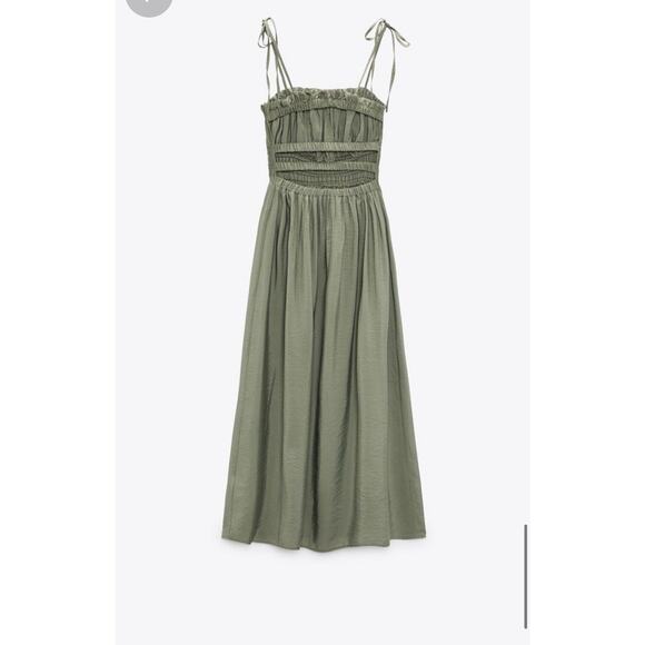Zara Green Open Elastic Ruffle Back Spaghetti Strap Midi Dress - Picture 5 of 13